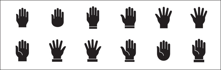 Hand icon. Palm hand icons. Hands symbol collection. Hands icon symbol of participate, volunteer, stop, vote. Vector stock graphic, flat style design illustration resource for UI and buttons.