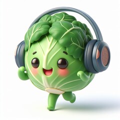 cute 3D funny cartoon cabbage with small wireless headphone on head smiling and dancing, white background