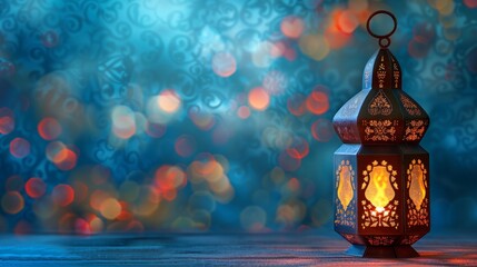 Arabic lantern illuminated on table with mesmerizing blurred background creating a magical ambiance