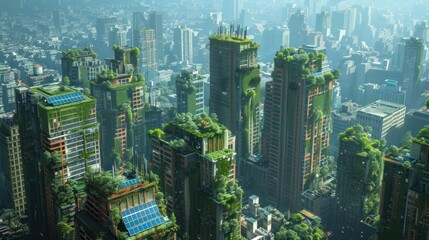 A city skyline with buildings featuring green rooftops and solar panels, showcasing urban sustainability and eco-friendly architecture.