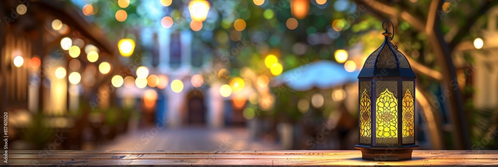 Aufkleber arabesque lantern illuminated on table with enchanting blurred background setting