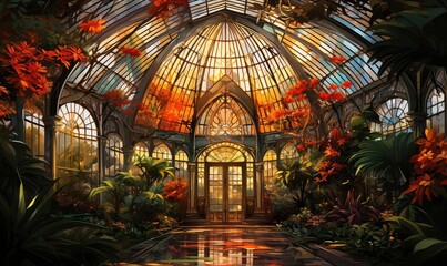 Obraz premium Greenhouse background flat design top view luxurious exotic garden theme water color Analogous Color Scheme
