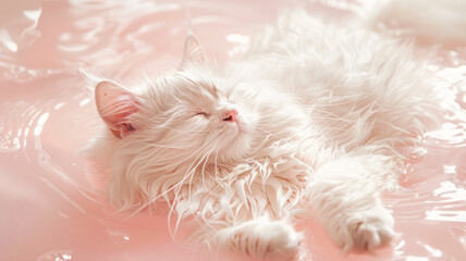 Serenity Drift: A Dreamlike Portrait of a Cat Floating in Pink Waters