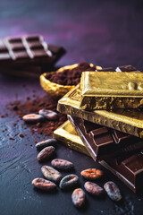 Stack gold bars, chocolate bars, cocoa beans, and cocoa powder on a textured surface.&rdquo;