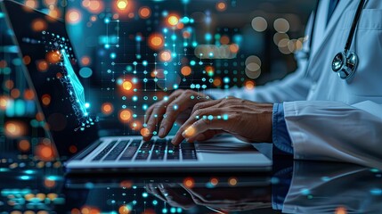 Doctor work with laptop computer,digital healthcare technology,system analysis network connection hologram virtual screen interface