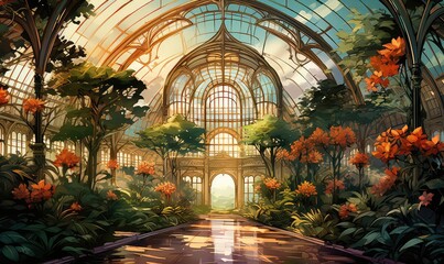 Greenhouse background flat design top view luxurious exotic garden theme water color Analogous Color Scheme