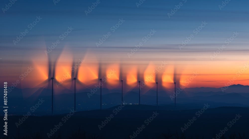 Poster with each rotation the wind turbine blades create a symphony of movement in the fading light of day.
