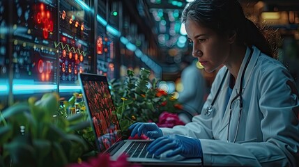 Doctor work with laptop computer,digital healthcare technology,system analysis network connection hologram virtual screen interface