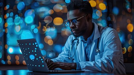 Doctor work with laptop computer,digital healthcare technology,system analysis network connection hologram virtual screen interface