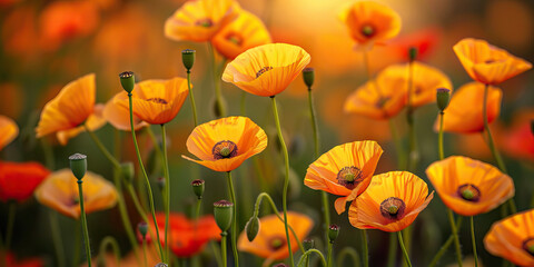 Obraz premium Entrancing field of gold-tipped opium poppies dance in the breeze, captivating with their hypnotic beauty.