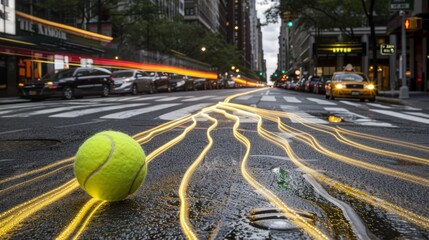 Burning tennis ball streaks through neon lit city, casting fiery trails in urban setting