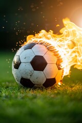 Soccer ball ablaze, streaks on field under stadium lights, leaving fiery trail in its wake