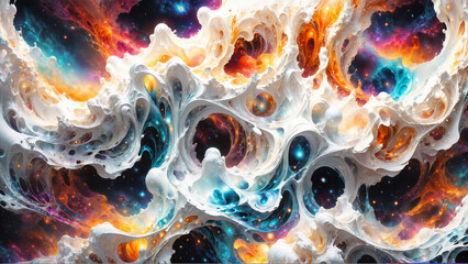 Colorful magnificent cosmic genesis emergent universe life creating enchanting spectacle. Beautiful liquid colors merge into amazing flows and intertwine in dynamic motion creating hypnotic symphony