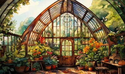Fototapeta na wymiar Greenhouse background flat design front view lush botanical oasis theme animation Complementary Color Scheme