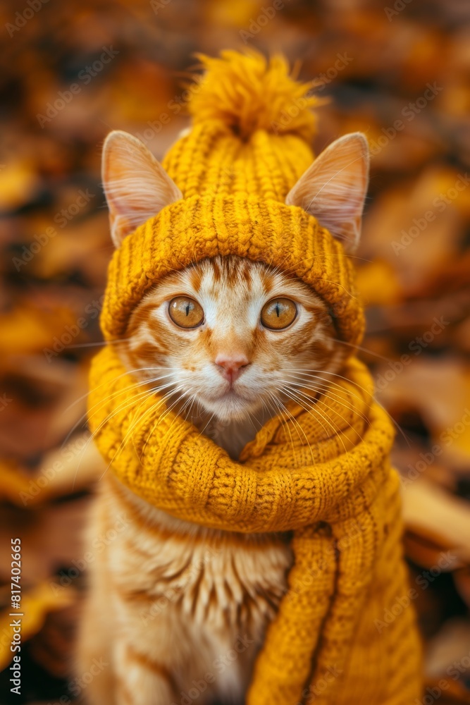 Poster charming cat in hat and scarf on autumn backdrop with ample room for text placement