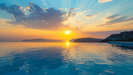 Plakat View from the infinity pool over a sunset landscape of sea and mountains