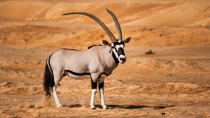An elegant oryx with twisted horns standing in the desert