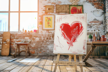 A red heart drawing on a canvas in a room