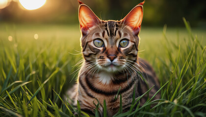 A Bengal cat lies on the grass at sunrise. World Cat Day