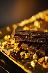 Dark chocolate bar with intricate designs on a golden surface with decorations, evokes elegance, luxury, and indulgence, Warm lighting, reflective gold