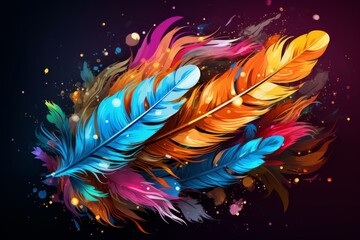 Colorful feathers, abstract illustration. dark background.