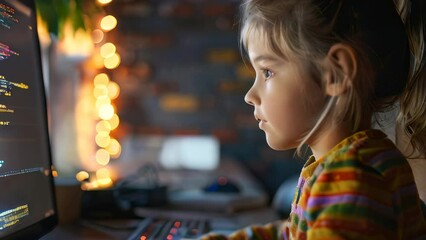 Young girl focused on coding computer screen in dimly lit room