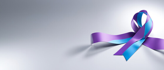 3D-rendered awareness ribbon in purple and blue hues with large copy space background