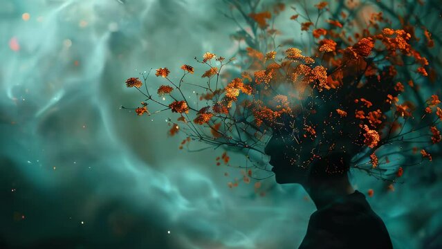Person's head morphing into tree with autumn leaves amidst mystic, teal fog