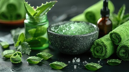 Fresh aloe and spa accessories, beauty treatment and aromatherapy cream with copy space area