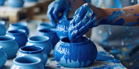 A ceramicist shapes and paints each piece of pottery with careful, practiced strokes, infusing their art with a deep, calming blue