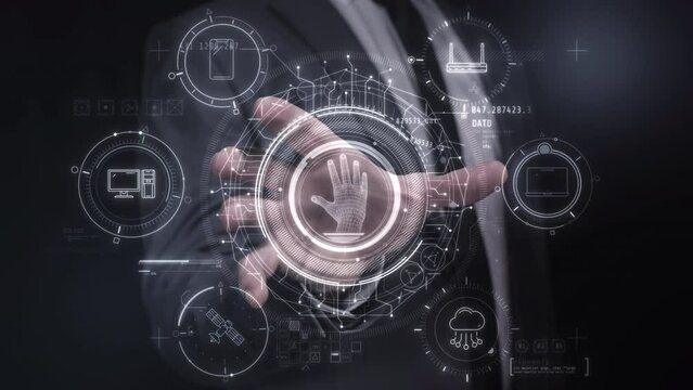 A man runs a data protection system on a holographic panel.