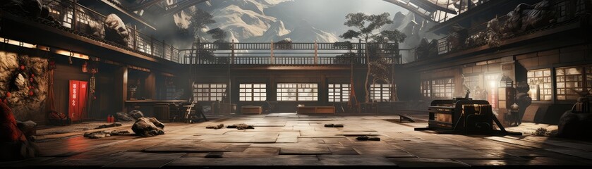 Gym background flat design top view eclectic martial arts dojo theme 3D render black and white