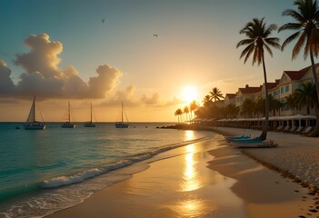 Sunset scene of a summer beach at sunset. Vacation spot landscape. 3D rendering