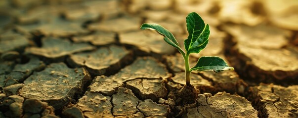 Dry, cracked ground with a small struggling plant. Symbolizing resilience and hope, the lone green sprout emerges from the parched earth, highlighting the challenges of drought and climate change.