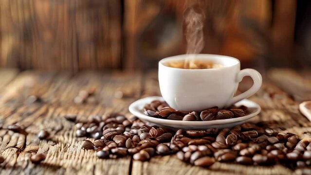 Steaming cup of coffee with beans on wooden surface