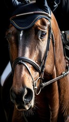 Equestrian horse displays powerful muscles in jump, embodying athleticism at the olympics