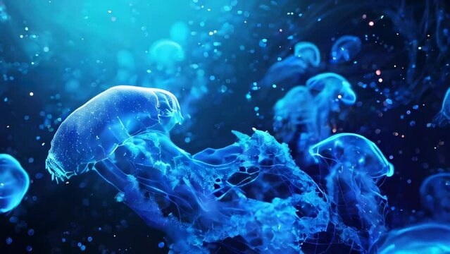 Bioluminescent jellyfish swimming in deep blue ocean waters