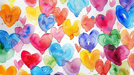 multicolored hearts and handwritten notes painted on white background abstract watercolor