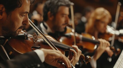 passionate violinist performing in a symphony orchestra captured in a blurred emotive shot
