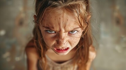 An upset young girl is standing on a dirt floor