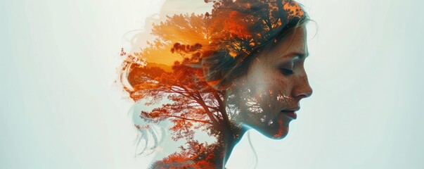 Experimental double exposure technique with contrasting elements. A profile of a woman's face is blended with vibrant autumn leaves and tree branches, creating a harmonious and artistic fusion of huma