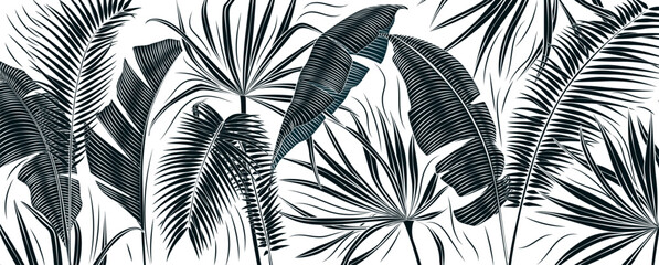 Abstract black and white art background with tropical palm leaves in line style. Botanical banner with exotic plants for decoration, print, wallpaper, textile, interior design, poster.