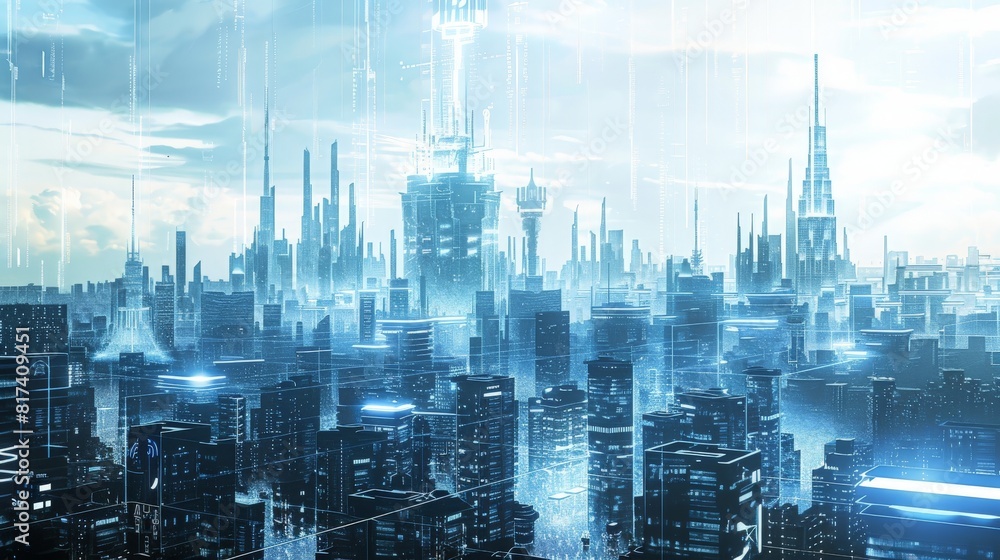 Poster digital transformation through open ai: a futuristic cityscape powered by smart, interconnected tech