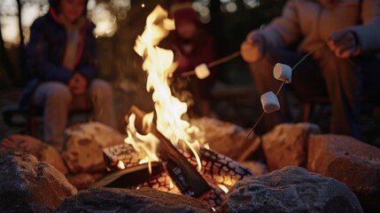 A family sits around a warm fire roasting marshmallows and sharing stories on a cool evening.