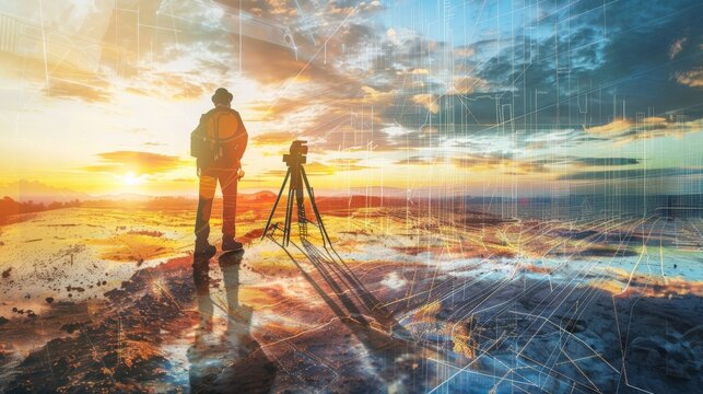 Dual expertise: double exposure of a surveyor and civil engineer, highlighting complementary skills in land assessment.