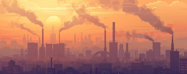 Illustration of a city with smog and pollution from factories. The hazy skyline is dominated by industrial smokestacks emitting thick plumes of smoke, creating a stark, orange-tinted atmosphere.