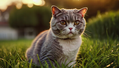 Obraz premium A Scottish fold-eared cat lies on the grass at dawn. World Cat Day