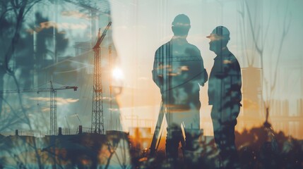 Expert coordination: double exposure of a man surveying and a civil engineer, harmonizing efforts for project efficiency.