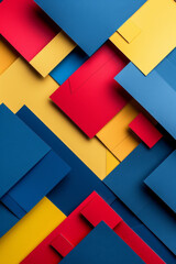 Abstract geometric 3D blank paper pieces pattern for background with blue, yellow and red colors, modern design style, minimalist