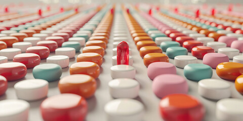 Fototapeta premium Bold Red Adderall: A neat and tidy desk, perfectly organized with rows of colorful pills.